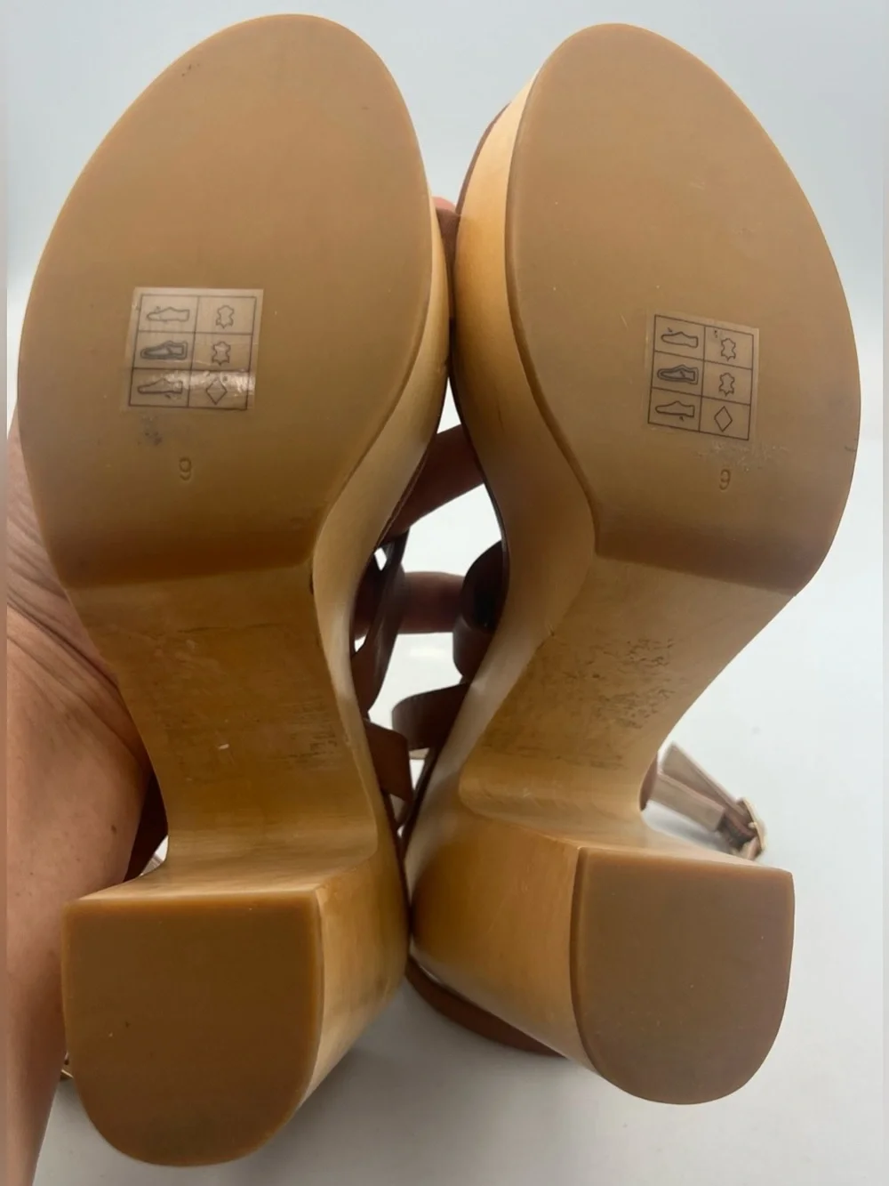 PAIGE Cayden Leather Ankle Strap Platform Sandal Woodgrain Block Heel Size 9 NEW